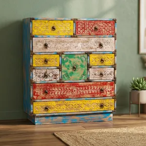 Antique Multicolor Distress Solid Wood Handmade Living Room <b>Cabinet</b> 10 Drawers Chest Buffet Storage Sideboard - Product Image 6