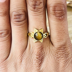 Bague en laiton en forme d'étoile, plaquée or, avec œil de tigre, style céleste, délicate et tendance, faite à la main, vente en gros pour femmes - Product Image 5
