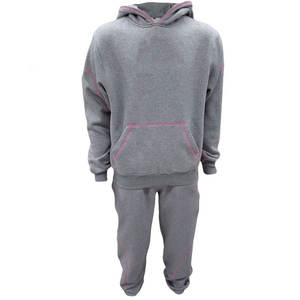 Unisex Gray <b>Tracksuit</b> With <b>Pink</b> Trim Hooded Sweatshirt And Pants Set Casual Autumn Wear For Adults Full Length 100% Cotton - Product Image 1