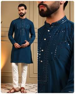 Magnifique tissu Armaani Lachko avec broderie lourde et travail de sequins, kurta pour homme avec pyjama en coton Raymond pour les mariages - Product Image 2