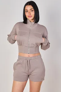 Conjunto de Sudadera con Capucha y Pantalones Cortos de Forro Polar para Mujer EVERGLOW, Color Sólido, Casual, Impermeable, Resistente al Viento, Transpirable y Ecológico - Product Image 4