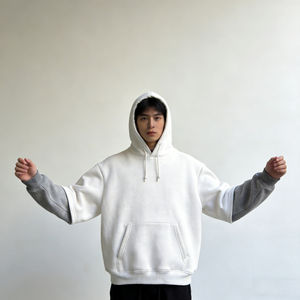 Sweat à capuche oversize blanc pour homme 0EM, manches superposées, poche contrastante, en polaire, épaules tombantes, style streetwear décontracté - Product Image 2