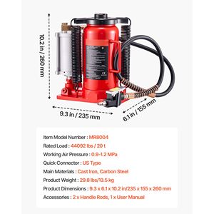 Martinetto Idraulico Pneumatico da 20 Tonnellate, Altezza di Sollevamento 10.2-19.5 Pollici, Bottiglia Saldata per Carichi Pesanti, Capacità 44092 Libbre - Product Image 4