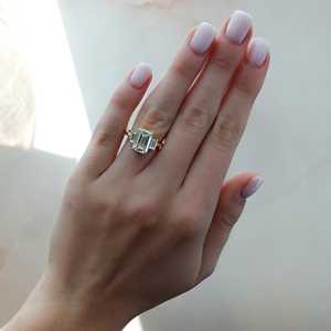 4 Carat Emerald Cut Lab Grown Diamond Three Stone Ring Bezel Set Baguette Trilogy Band Women Custom 14K 18K <b>Solid</b> Gold Wholesale - Product Image 2