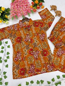 Premium Floral Print Women's Co-ord Set Mustard Yellow Cotton Button-<b>Down</b> Tunic <b>Trouser</b> Two-Piece Casual Summer Party Outfit - Product Image 5