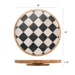 Round Checkered Wood Decorative Tray Rustic Design Handcrafted Marble Inlay Surface For Kitchen Countertop And Dining Table Use - Product Image 4