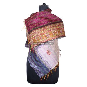 Kantha Work <b>Silk</b> Handmade <b>Vintage</b> Style Long <b>Scarf</b> Stole Hijab SC1201 Girls Floral Pattern Hand-Stitched - Product Image 5