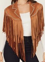 Boléro Cape en Daim Marron pour Femme, Court, à Franges et Clouté, Style Western Cowgirl, à Franges Épaisses et Superposées, Ouvert sur le Devant, pour Festival