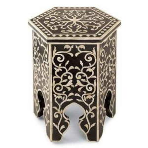 Table d'appoint marocaine artisanale en os incrusté, noire et blanche, hexagonale, en bois, style vintage, meuble d'appoint pour salon - Product Image 1