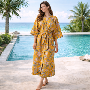 Robe kimono bohème en coton jaune à fleurs pour femme, col en V, manches longues, longueur longue, cordon de serrage, 2 poches, tenue de nuit artisanale - Product Image 2