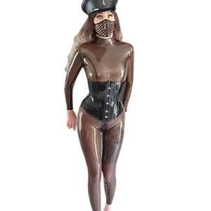 Mono de mujer marrón de manga larga con cuello alto, recubrimiento de PU, cintura alta, ajustado, estilo clubwear con detalle de corsé - Product Image 4
