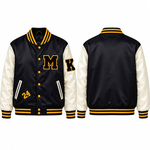 Chaqueta Varsity para Hombre, Negra y Crema, con Letra M Bordada en PU, Estilo Preppy, Cuello Camisero, Corte Regular, Otoño - Product Image 1