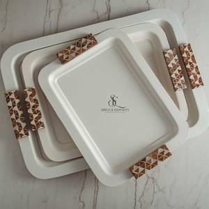 Luxury Metal 3 <b>Pc</b> White Tray <b>Set</b> With Wood & Mother Of Pearl Inlay Handle. Decorative Serving Platter For Hotel, Home & Catering - Product Image 2