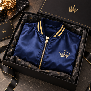 Chaqueta de Satén con Pedrería para Hombre, Chaqueta Bomber Elegante con Cristales Brillantes y Cremallera Dorada, Moda Urbana Moderna y Ligera - Product Image 2