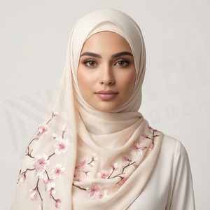 Pink <b>Chiffon</b> Hijab With Floral Embroidery Women's Daily Wear <b>Scarf</b> Islamic Ethnic Shawl - Product Image 3