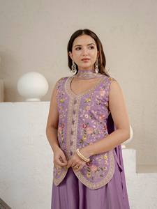 Ensemble indien pakistanais brodé de fleurs violettes, kurti en viscose, pantalon, dupatta, tenue ethnique pour femmes, fête, mariage - Product Image 3