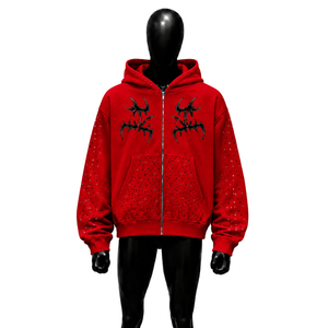 <b>RED</b> RHINESTONE ZIP UP <b>HOODIE</b> TRIBAL GOTHIC GRAPHIC STREETWEAR OVERSIZED Y2K PUNK GRUNGE STUDDED HOODED SWEATSHIRT <b>HOODIE</b> SALES - Product Image 1