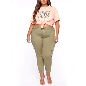 Pantalones cargo de cintura alta para mujer, color sólido, estilo casual, largo hasta el tobillo, con bolsillos, cierre de botón, talla grande, fabricación OEM al por mayor - Product Image 6
