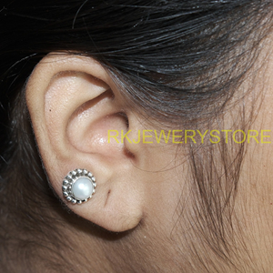 Pendientes de Plata de Ley 925 con Madreperla, Hechos a Mano, con Halo de Cuentas Redondas, Joyería Clásica Vintage, Regalo para Mujeres y Hermanas - Product Image 3