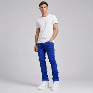 Jean slim déchiré bleu délavé pour homme, taille mi-haute, couleur unie, décontracté, avec braguette zippée - Product Image 3