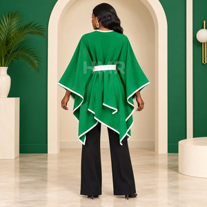 HMR Sorority Sisterhood Green Asymmetric Poncho V-Neck Batwing Sleeve Long <b>Cloak</b> With White Trim And Bow Closure - Product Image 4
