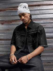 <b>Mens</b> Denim <b>Shirt</b> Washed Black Raw Edge Frayed Applique Cropped Short Sleeve Boxy Streetwear Distressed - Product Image 4