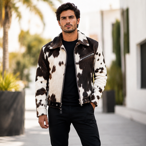 Blouson Bomber Homme en Cuir Style Motard avec Détails en Poil de Vache, Motif Écossais Tendance Été, Respirant, Fermeture Éclair - Product Image 6