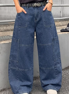 Hardihood International Plus Size <b>Men</b> <b>High</b> <b>Waist</b> Plaid Cargo <b>Jeans</b> Loose Fit Zipper Fly Stonewashed Paisley Pattern Blue Woven - Product Image 4