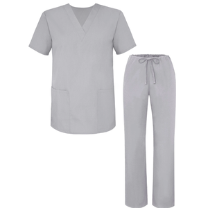 Unisex Gray V-Neck <b>Scrub</b> Top With Drawstring Pants Set Hospital <b>Uniforms</b> Woven Cotton Polyester Fabric - Product Image 5