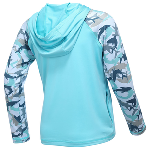 Light Blue Long Sleeve Hooded Fishing Shirt With Sublimation Print Pattern Anti <b>UV</b> <b>Protection</b> UPF 50 Polyester Material - Product Image 4
