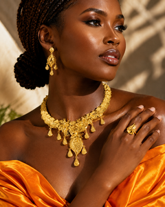 Long Flower African Bridal Gold Plated Floral <b>Statement</b> <b>Necklace</b> Earrings Ring Set for Women Nigerian Wedding - Product Image 6