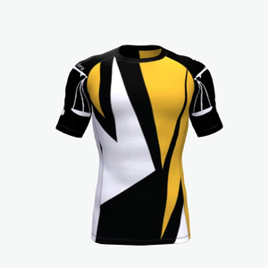T-shirt de compression à manches courtes pour homme, jaune, noir, blanc, imprimé par sublimation, séchage rapide, en spandex et polyester, haut de sport - Product Image 3