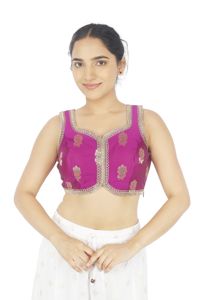 <b>Purple</b> Floral Embroidered Banarasi Silk Blouse Untucked Sleeveless V Neck Back <b>Tie</b> Crop Top for Lehenga - Product Image 1