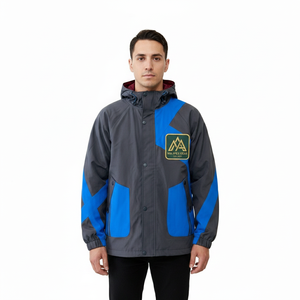 Men's Hooded Waterproof Sporty <b>Jacket</b> Color Blocking Design Patch Logo Blue Black Polyester Autumn Wear - Product Image 2