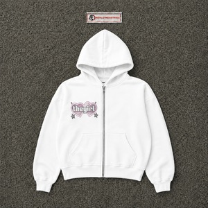 Custom <b>White</b> Zip Up <b>Hoodie</b> <b>Women</b> Oversized Heart Graphic Rhinestone Design Streetwear Full Zipper Hooded Sweatshirt Casual Wear - Product Image 5