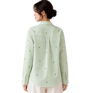 Camisa de Mujer a Rayas Verde Claro con Botones, Blusa de Algodón de Manga Larga con Bordado de Corazón, Corte Holgado, Estilo Casual, Top Oversize - Product Image 2