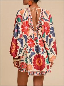 Vestidos Mini Boho Florales con Cuello en V para Mujer, Mangas Abullonadas, Espalda Descubierta con Lazo, Vestido Tropical - Product Image 3
