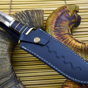 Couteau à lame fixe en acier Damas fait main, manche en bois de cerf, pointe tombante, pour la chasse, le dépecage, le camping et la survie - Product Image 6