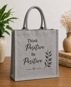 <b>Think</b> Positive Be Positive Jute Tote Bag Medium Size Hand Length Handle Daily Use Shopping Bag - Product Image 1