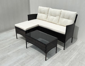 SF00067 Modern Luxury Cream White Rattan Steel <b>Lounge</b> <b>Chaise</b> <b>Outdoor</b> Furniture Polyester Cushion Tempered Glass Table Living - Product Image 1