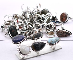 Vintage 925 Silver Plated <b>Statement</b> <b>Ring</b>, Natural Mixed Gemstones Christian Bezel <b>Ring</b>, Unisex Antique Brass Wedding Band - Product Image 3