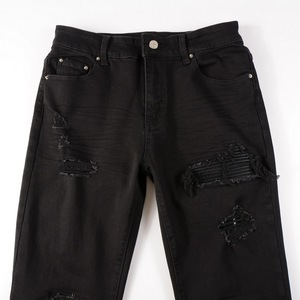 Wholesale Fashion Trend Black Pleated Fabric Ripped <b>Jeans</b> Men's Slim Fit <b>Elastic</b> Denim Pants for Men - Product Image 6