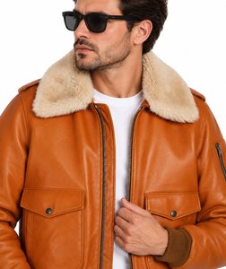 Blouson aviateur en cuir véritable pour homme, col en fausse fourrure, imperméable, respirant, style moto, coupe régulière, épais, coupe-vent, hiver - Product Image 3