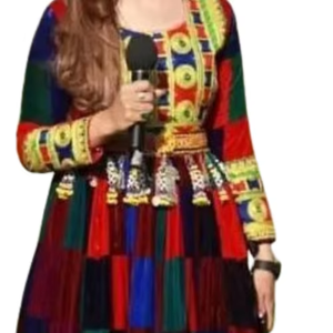 Vibrant <b>Patchwork</b> Style Afghan Dress Composed Of Multi Colored Velvet Squares Adorned With Golden Circular Medallions Intricate - Product Image 1