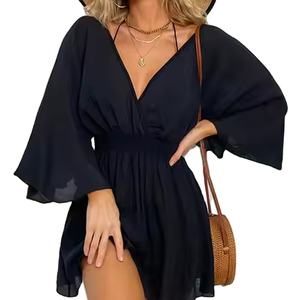 Vestido Midi Casual de Playa de Gasa Fluida con Encaje de Puntos, Elegante y Estiloso, Tejido Ecológico Transpirable, Estampados Vibrantes para Clima Cálido, Holgado - Product Image 1