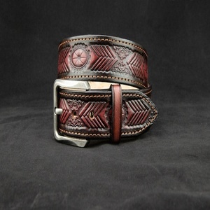 Direct India Manufacturer Durable Heavy Duty Vintage Western Leather <b>Tooling</b> Hand Carved Floral Embossed Alloy Buckle <b>Belt</b> - Product Image 1