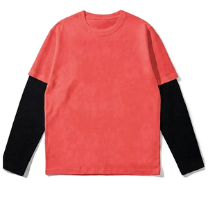 เสื้อยืดคอกลมแขนยาวแบบยูนิเซ็กซ์ สีแดงดำตัดกัน ผ้าฝ้าย 100% ย้อมสีพื้น แขนยาวเต็มตัว ทรงปกติ สำหรับผู้ใหญ่ - Product Image 1