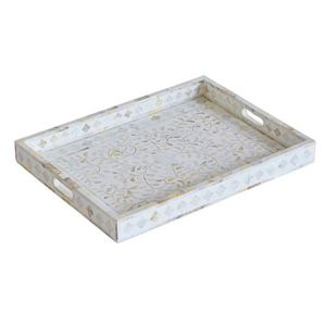 Plateau de service de luxe fait main en nacre blanche avec incrustations, motif floral MOP, plateau décoratif pour table basse pour la maison - Product Image 1