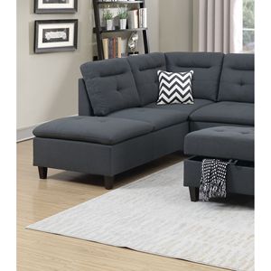 Divano Sezionale con Cuscini Color Carbone e Pouf in Tessuto Simil-Lino per Soggiorno, Arredamento Elegante - Product Image 4