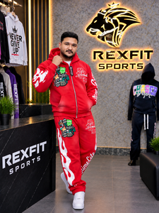 Custom Red Zip Up <b>Tracksuit</b> <b>Men</b> Graphic Streetwear Hoodie Jogger Set Printed Fleece Sweatshirt Pants Casual Sportswear Set - Product Image 3